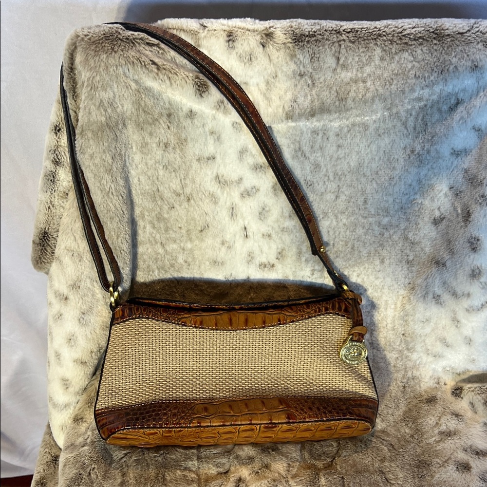 Brahmin Tan Croc-Trim Woven Shoulder Bag